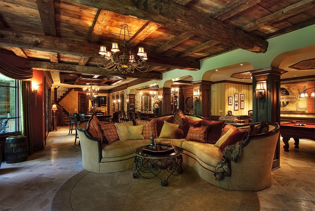 dramatic lit wood family room