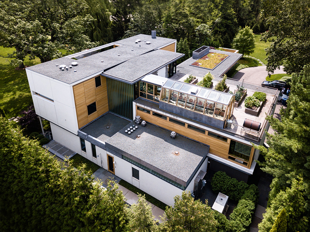 aerial drone view of rooftop gardens