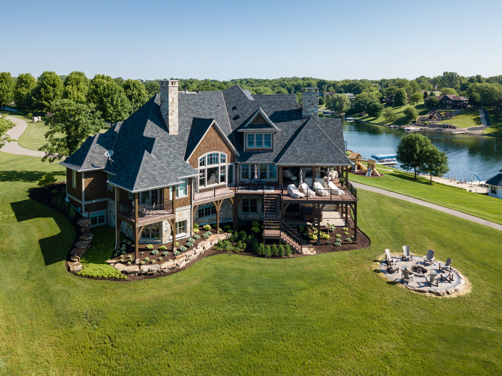 house on lake aerial view