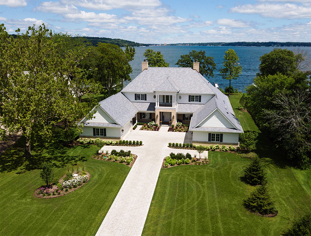 drone view of home on lake